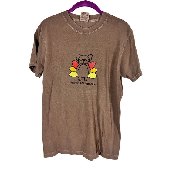 Frenchie Friends Tshirt Bulldog Turkey Fall Brown S Embroidery Boho Dog Lover - Picture 1 of 9